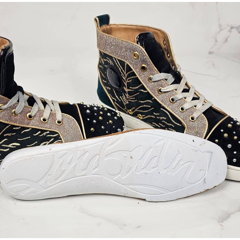Christian Louboutin High Top Milkylou Sneakers Studded Blck Gold Suede Size 11.5 - Picture 8 of 11